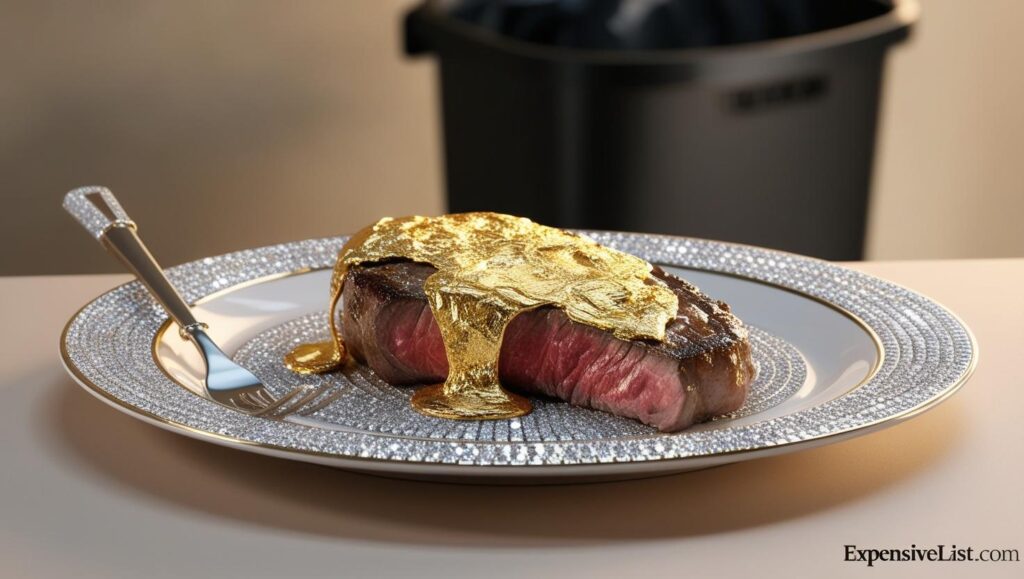 A gold covered steak on a diamond encrusted plate half eaten