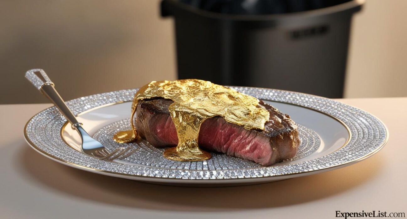 A gold covered steak on a diamond encrusted plate half eaten