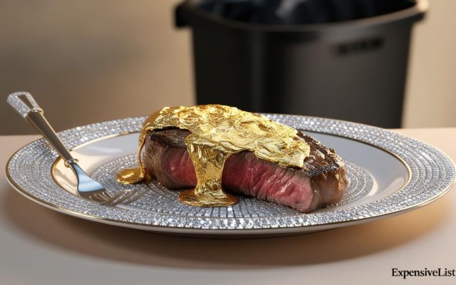 A gold covered steak on a diamond encrusted plate half eaten
