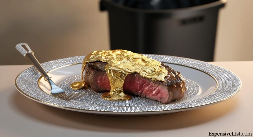 A gold covered steak on a diamond encrusted plate half eaten