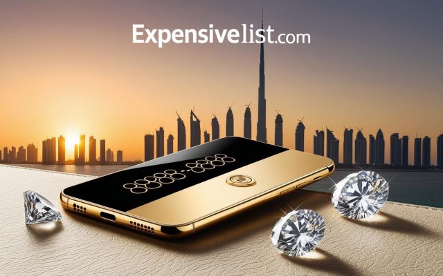 gold plated smartphone displaying 8888 8888 on a Dubai skyline
