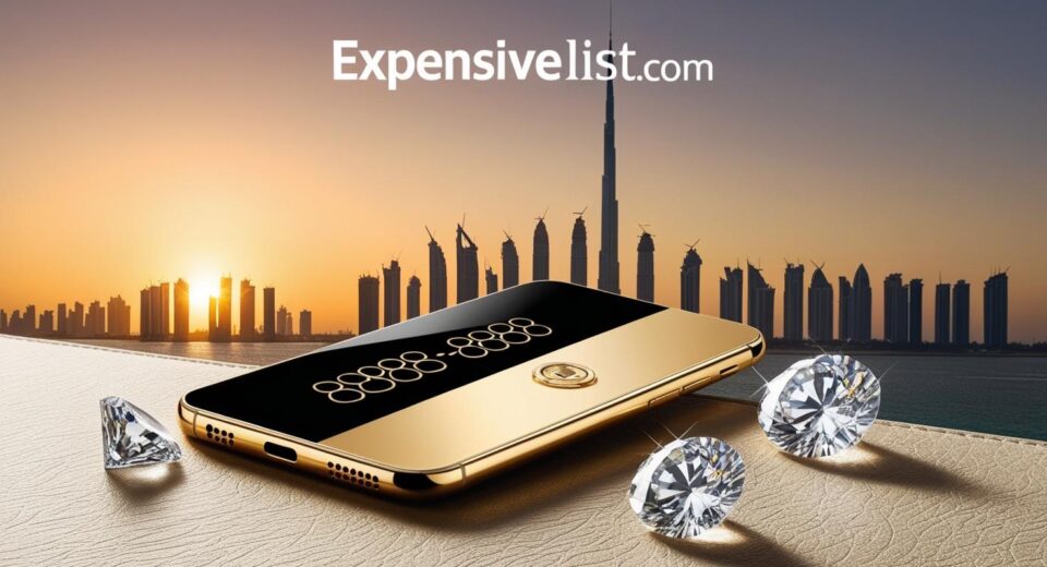 gold plated smartphone displaying 8888 8888 on a Dubai skyline