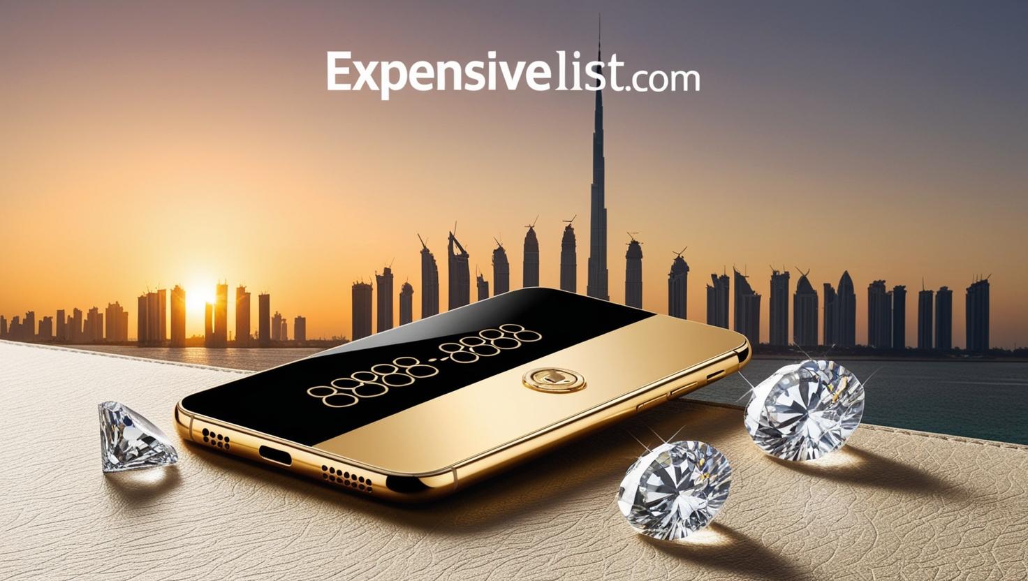 gold plated smartphone displaying 8888 8888 on a Dubai skyline