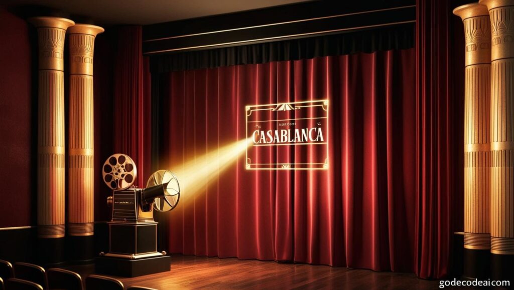 1930s style theater with Egyptian columns a red velvet curtain and a vintage film projector flickering
