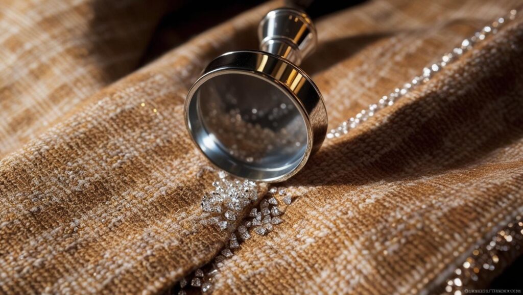 A Dormeuil coat under a jeweler’s loupe diamond particles glittering in the weave