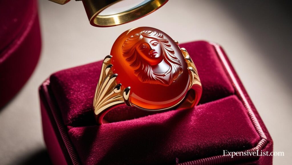 A blood red carnelian ring on a velvet cushion its intricate Venus carving visible under a loupe