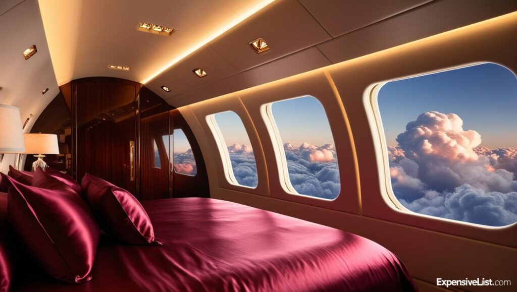 A lavish private jet bedroom with silk sheets ambient lighting