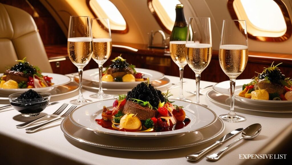 A lavish private jet dining setup with caviar champagne flutes