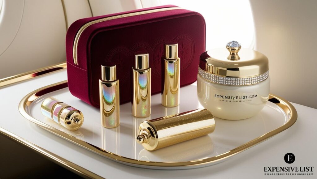A luxury gold plated toiletry kit on a private jet tray