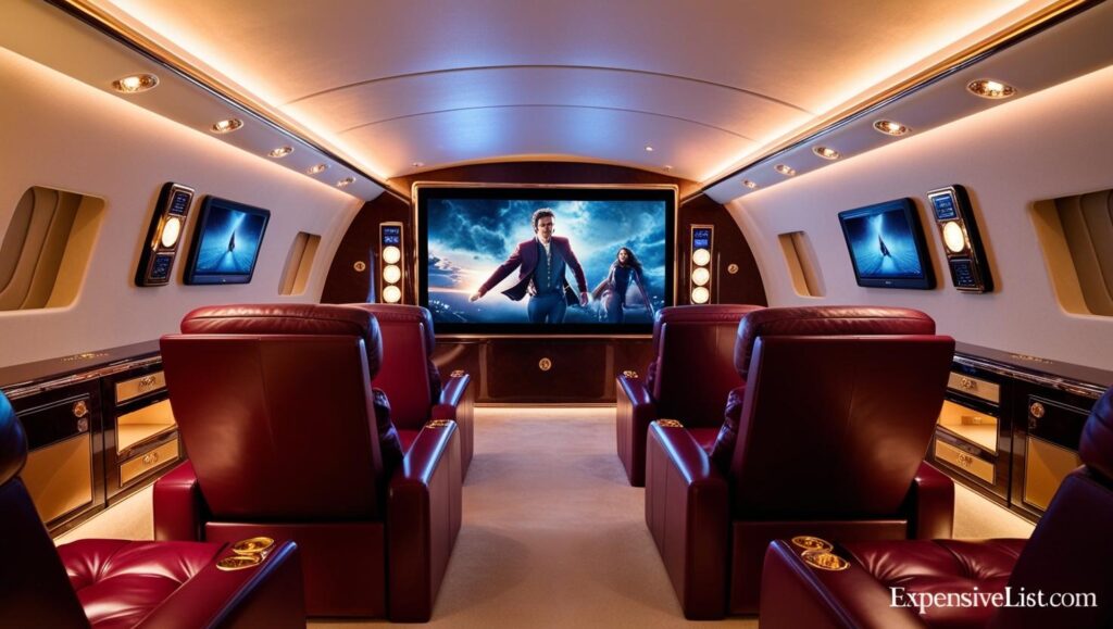 A private jet cinema room with plush recliners