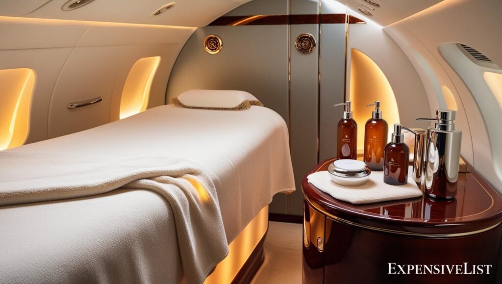 A serene in flight spa setup on a private jet with a massage table