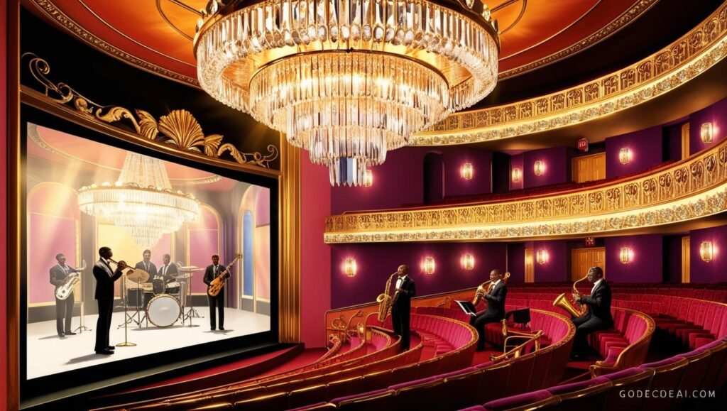 An Art Deco theater with a gilded balcony a jazz trio playing in the corner and a crystal chandelier reflecting off the screen
