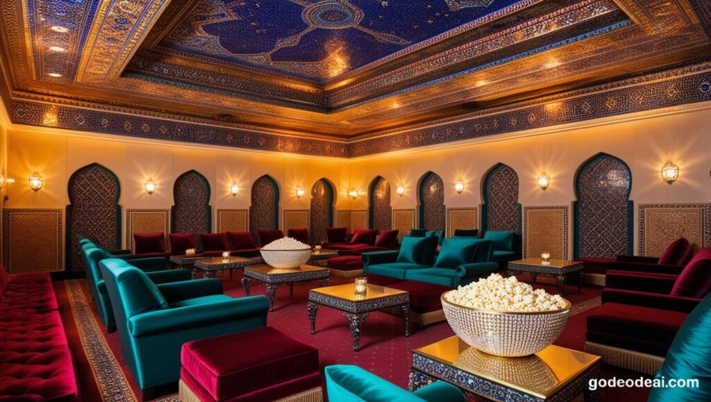 IAn opulent Middle Eastern style theater with mosaic ceilings silk upholstered loungers
