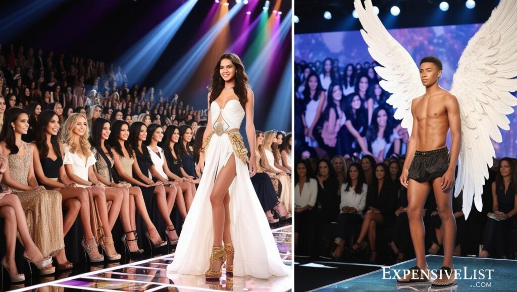 The iconic VS runway with angel wings a packed audience of celebrities