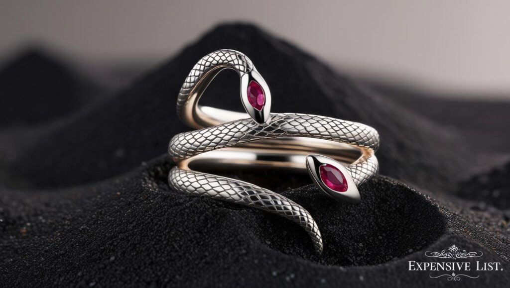 coiled serpent ring with ruby eyes photographed on black volcanic sand