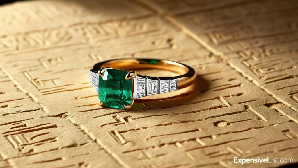 deep green emerald ring resting on aged papyrus hieroglyphs catching the light