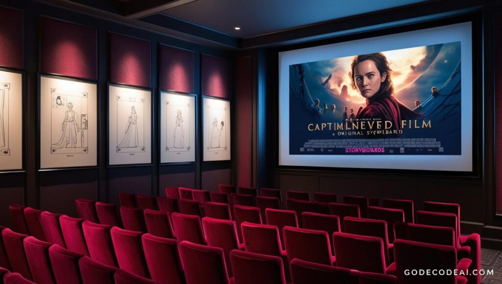 dimly lit screening room with plush red velvet seats an big screen displaying movie title