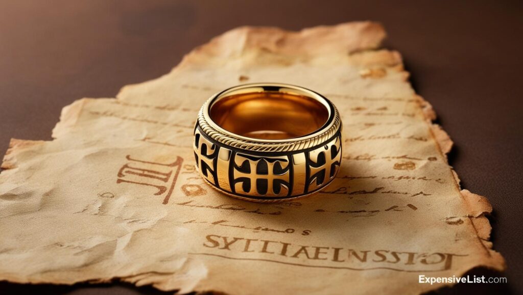 heavy gold ring with the Chi Rho symbol displayed beside a fragment of ancient parchment