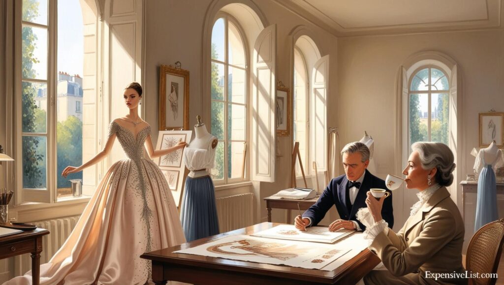 intimate Parisian atelier with a model in a hand stitched gown a designer sketching