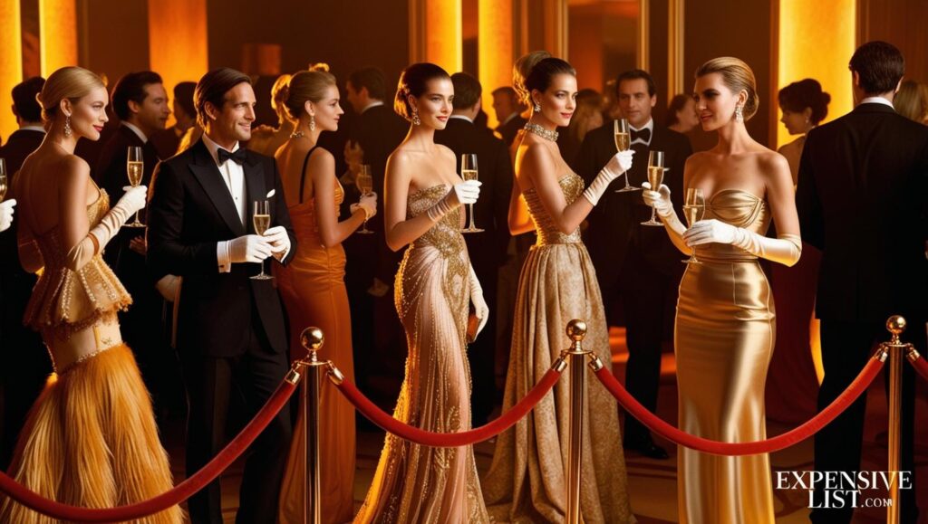 opulent afterparty with celebrities in haute couture champagne flutes in hand