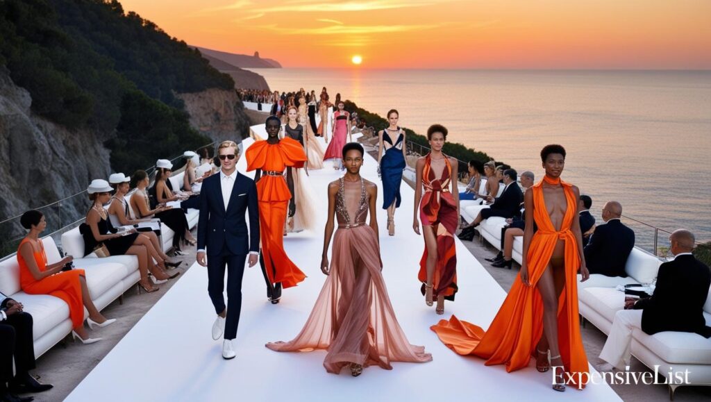 runway on a Mediterranean cliffside models walking at sunset and guests seated on white couches