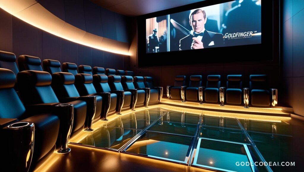 sleek modern theater with black leather seats a glass floor lit from below and a screen playing Goldfinger in 4K