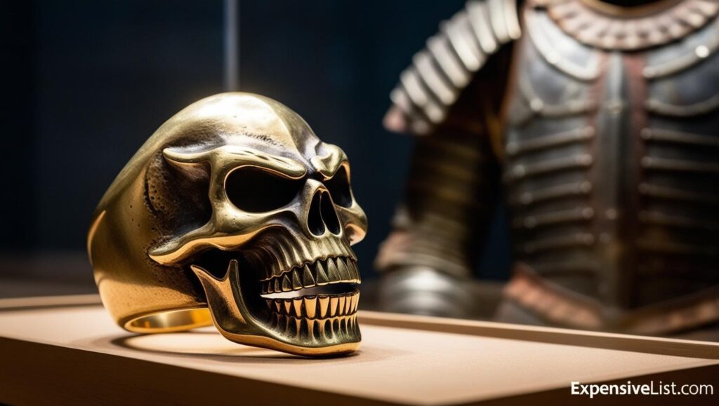 snarling gold skull ring beside ancient Hun armor in a museum case